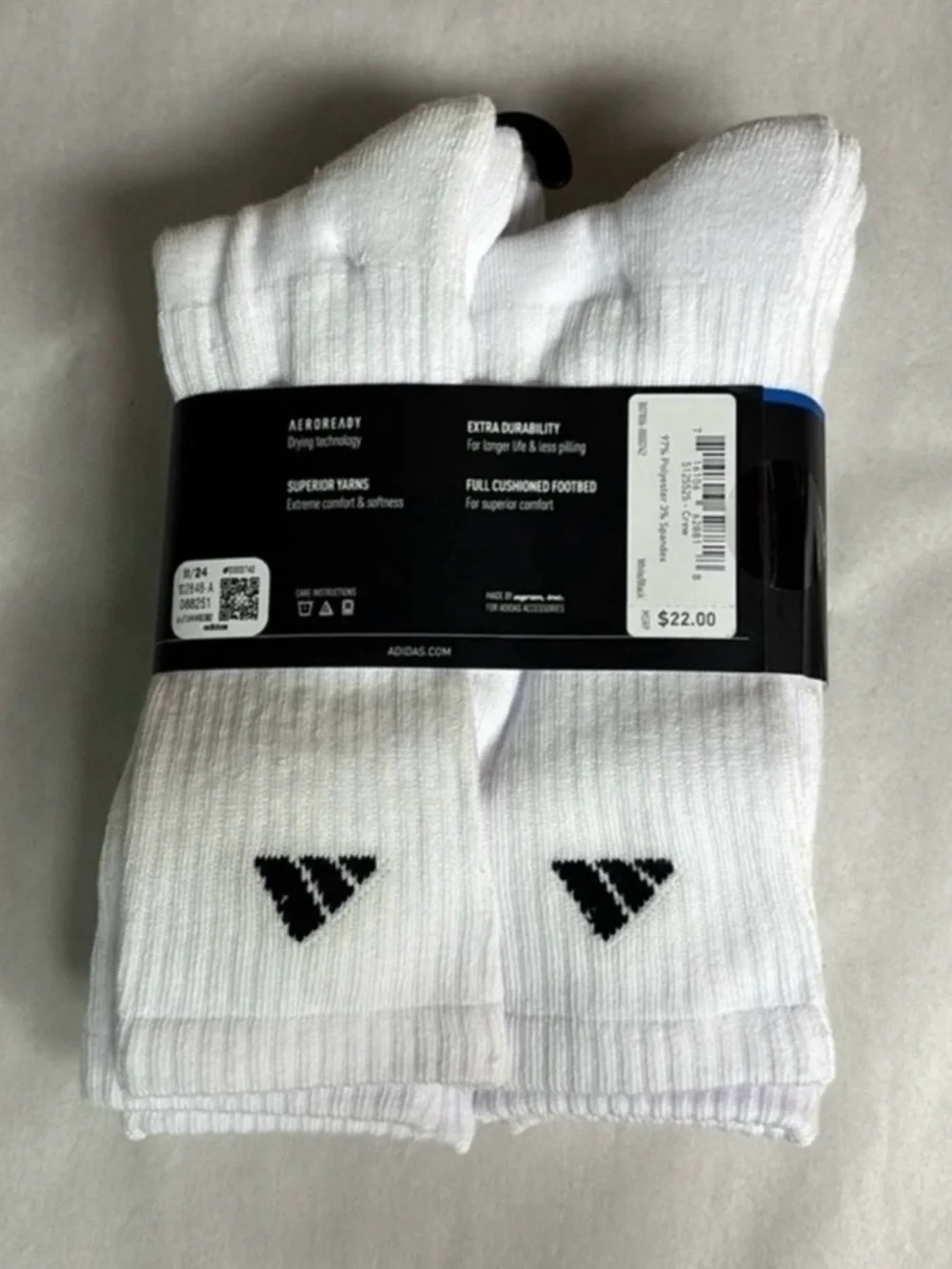 New Adidas Socks Men’s 6 Pair White Cushioned Crew Sock Active Casual Athletic